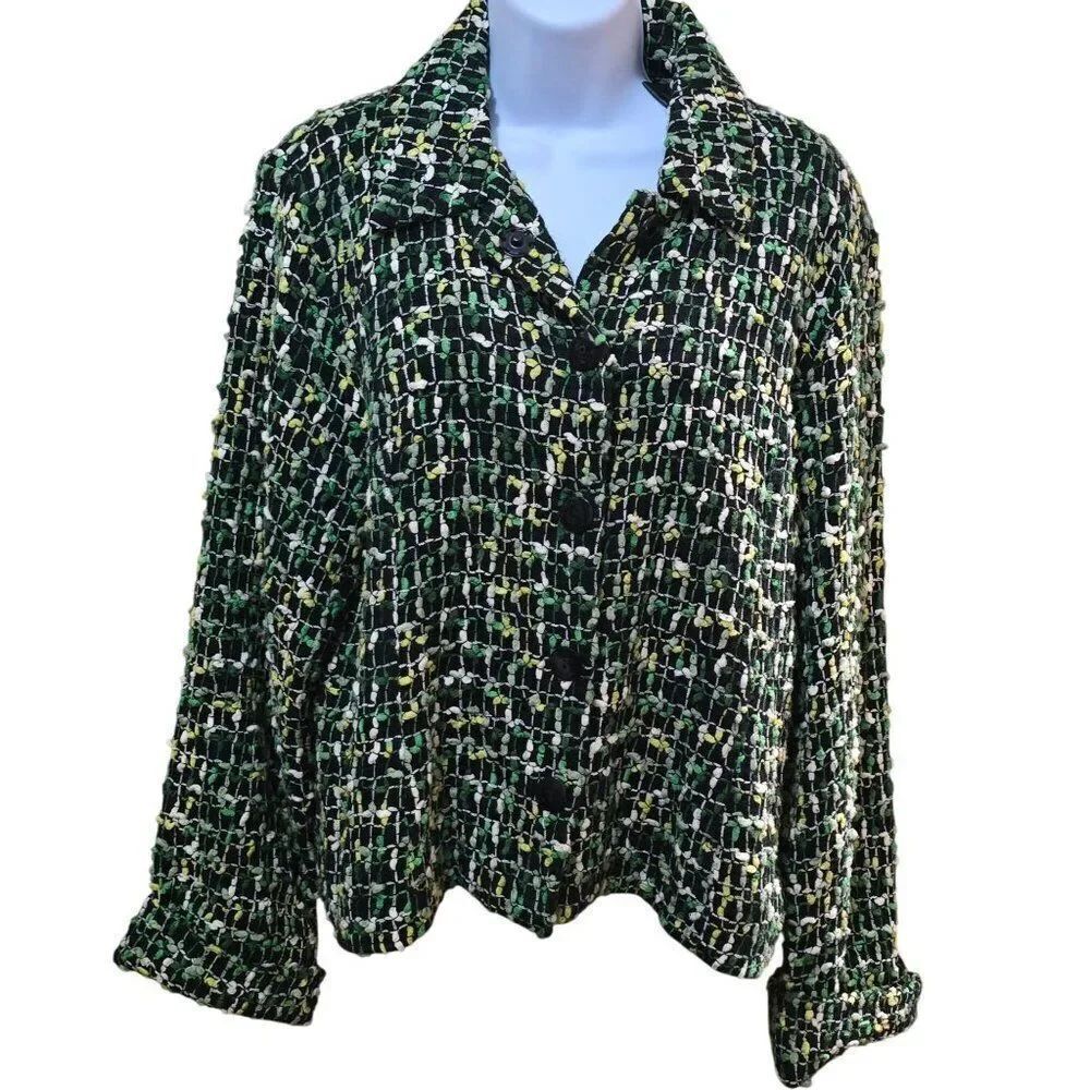 Womens Vintage Green & Yellow Textured Tweed Button-Up Jacket